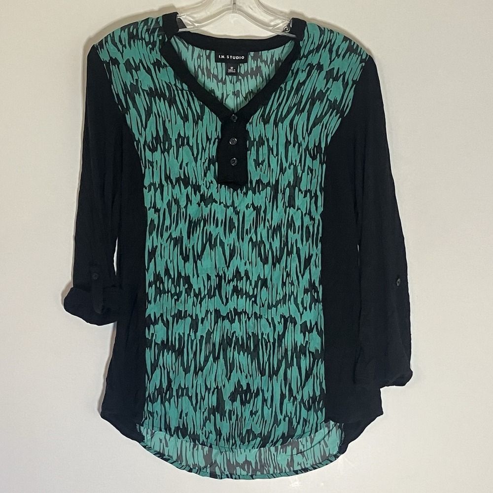 I.N. Studio Top Womens Medium Teal Black‎ Geometric Roll Tab V Neck Casual Shirt